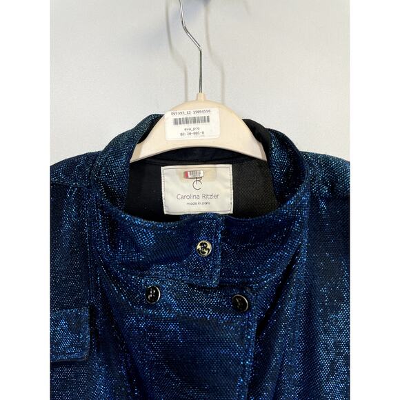CAROLINA RITZLER Cap Sleeve Belted Metallic Jumpsuit Retro Blue Size 36 US 2 - Picture 1 of 11